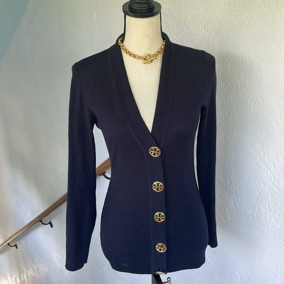 Tory Burch Sweaters - Tory Burch Simone Merino Wool‎ VNeck Cardigan with Large Gold Buttons Size XS